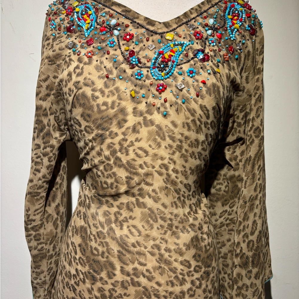 Leopard Print top  with Colorful Beaded Neckline